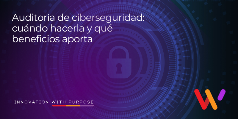 Ciberseguridad Imagen en azul con texto auditoría de ciberseguridad en una empresa con análisis de riesgos y sistemas digitales